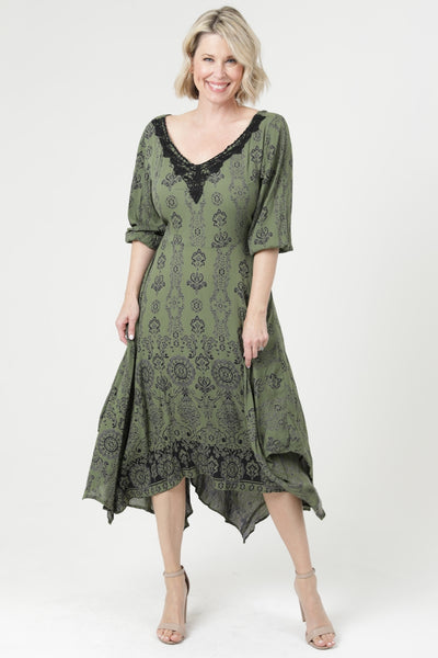 Lovely Long Sleeve Dress ~ Olive Print