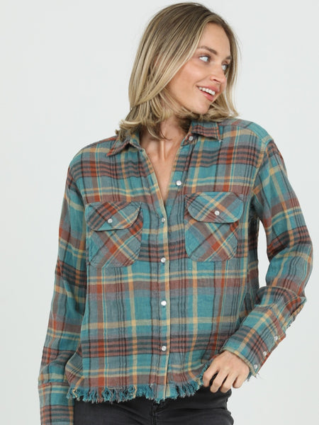 Soft Flannel Shirt ~ Aqua & Rust