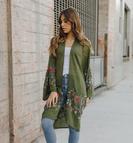Beautifully Embroidered Kimono Jacket ~ Olive Green