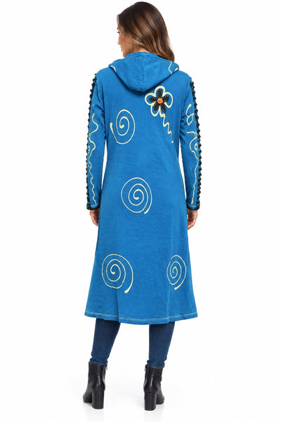 Long Cotton Embroidered Hoodie ~ Blue & Black