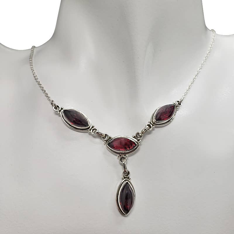 Sterling Silver Drop Pendant Necklace ~ Garnets