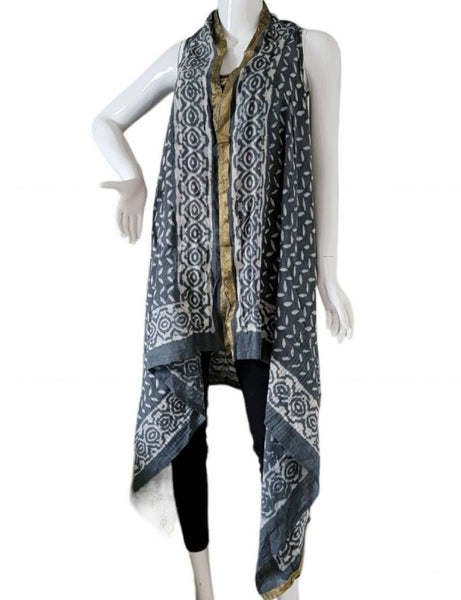 Hand Block Printed Long Vest ~ Gray
