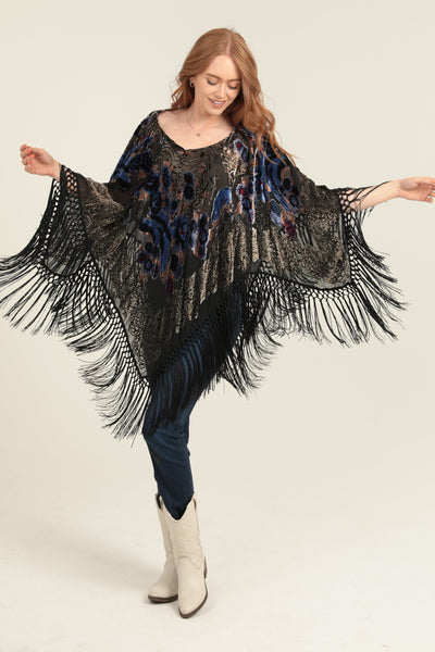 Velvet Poncho ~ Burnout Design with Fringe Black