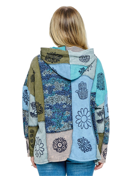 Patchwork & Block Printed Hoodie ~ Blues