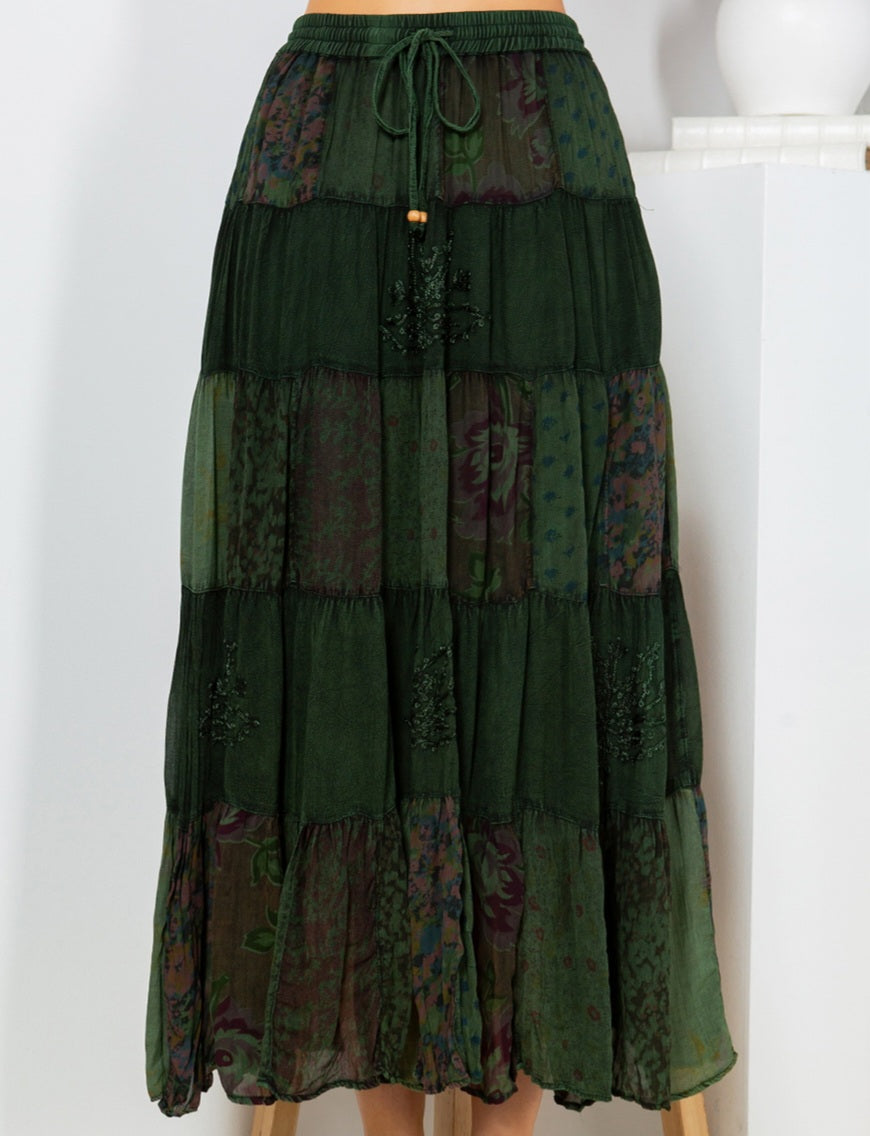 Patchwork Tiered Maxi Skirt ~ Green