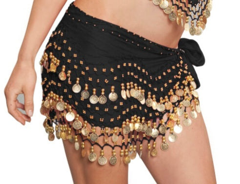 Black Hip Scarf with Gold Coins