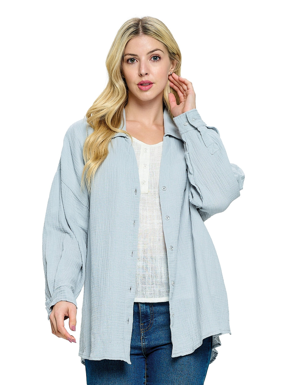 Cotton Long Sleeved Over-Shirt ~ Light Gray Blue