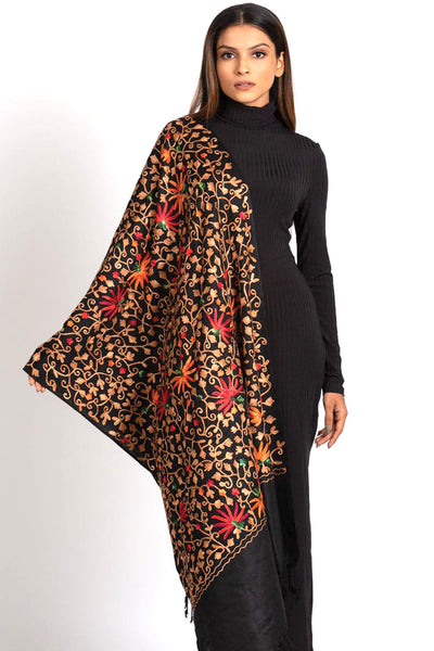 Amazing Embroidered Black Wool Pashmina