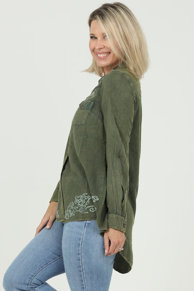 Embroirdered Button Front Blouse ~ Olive Green