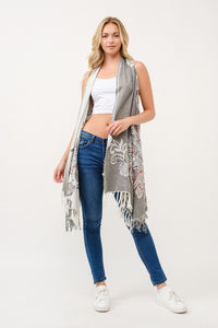 Embroidered Long Vest ~ Gray & White Floral Design