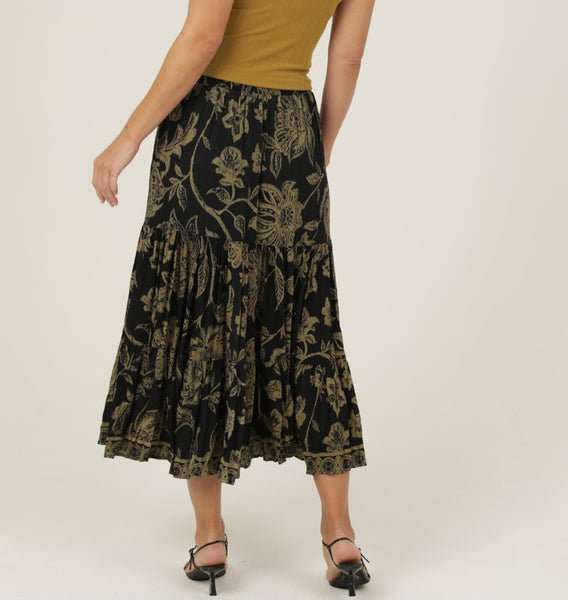 Lovely Tiered Maxi Skirt ~ Black and Olive Print