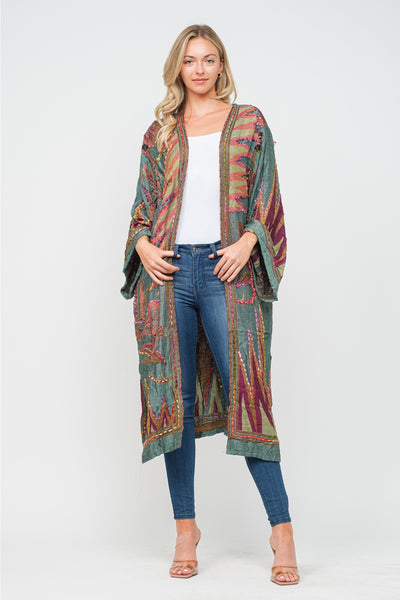 Embroirdered Duster Kimono ~ Green & Burgundy