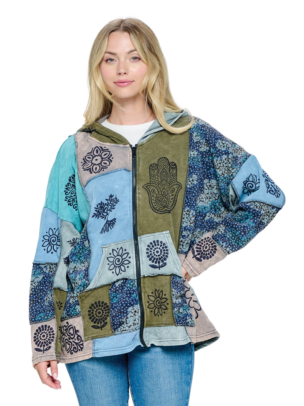 Patchwork & Block Printed Hoodie ~ Blues