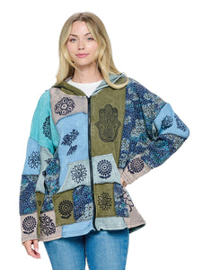 Patchwork & Block Printed Hoodie ~ Blues