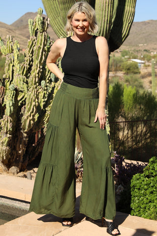 Wide Leg Tiered Pants ~ Olive Green