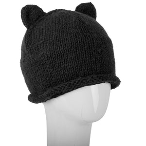 Fleece Lined Wool Beanie with Kitty Ears ~ Black