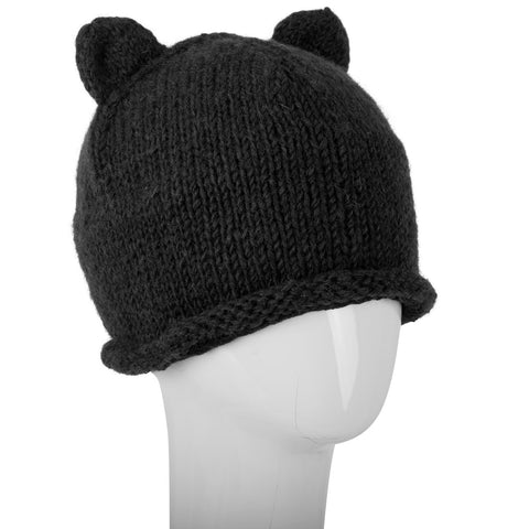 Fleece Lined Wool Beanie with Kitty Ears ~ Black