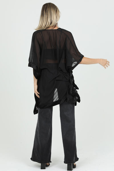 Elegant Sheer Black Kimono with Velvet Edges