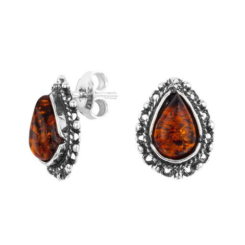 Tear Drop Amber & Sterling Silver Post Earrings