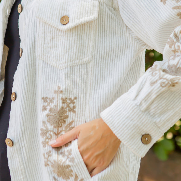 White Embroidered Corduroy Shirt/Jacket