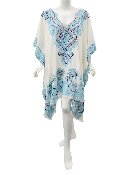 Embroirdered Poncho ~ Turquoise & White