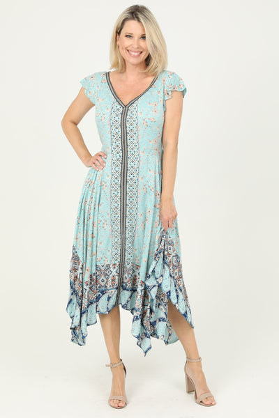 Beautiful Aqua Print Dress with Hanky Hem
