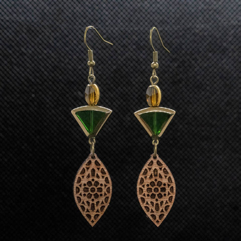 Brass ~ Glass ~ Wood Earrings ~ Green