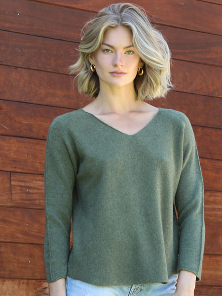 Italian V-Neck Sweater - Olive Green