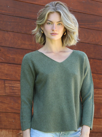 Italian V-Neck Sweater - Olive Green