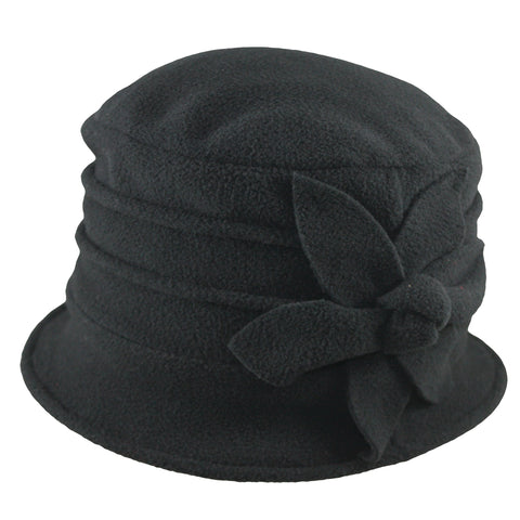 Fleece Cloche Hat with Flower ~ Black