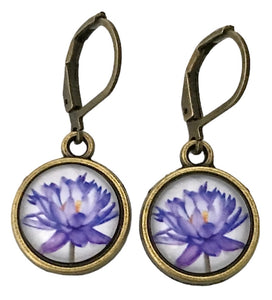 Photo Glass Charm Earrings ~ Purple Flowers