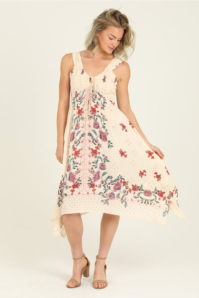Sweet Cream Print Hankie Hem Dress