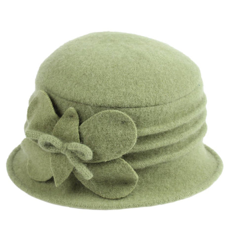 Wool Cloche Hat with Flower ~ Olive