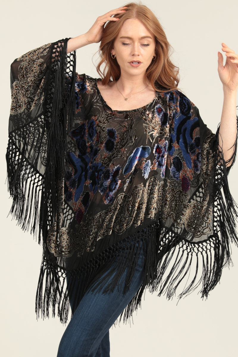 Velvet Poncho ~ Burnout Design with Fringe Black