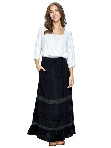 Maxi Skirt with Lace Trim ~ Black