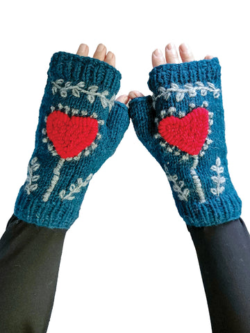 Fingerless Gloves ~ Heart Embroidery ~ 3 Colors