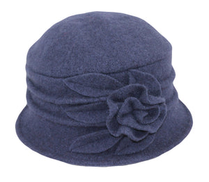 Wool Cloche Hat with Leaves & Flower ~ Navy Blue