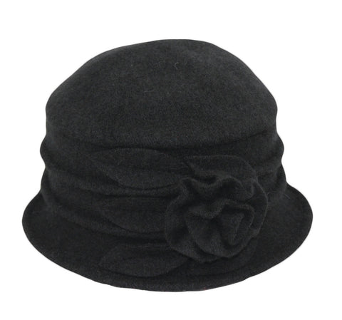 Wool Cloche Hat with Leaves & Flower ~ Black