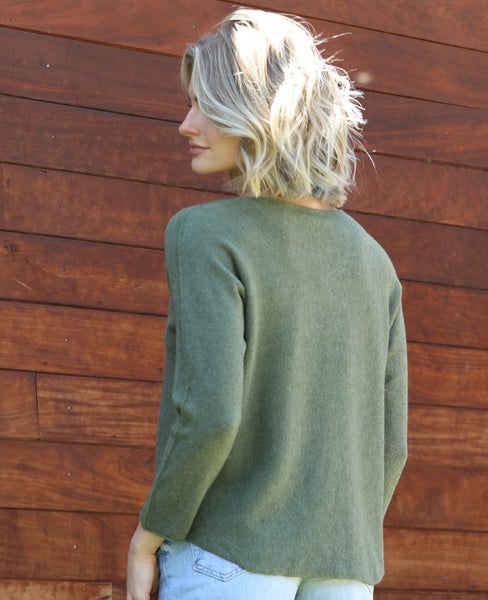 Italian V-Neck Sweater - Olive Green