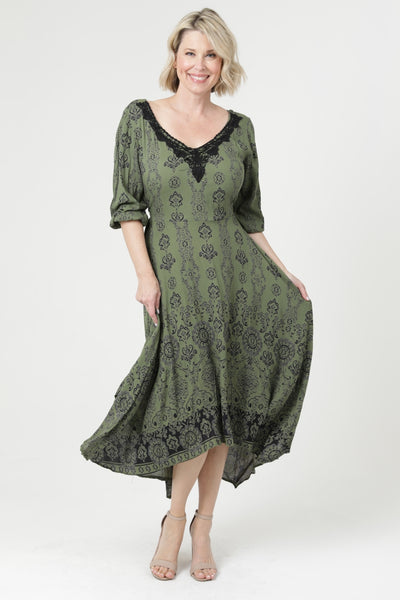 Lovely Long Sleeve Dress ~ Olive Print
