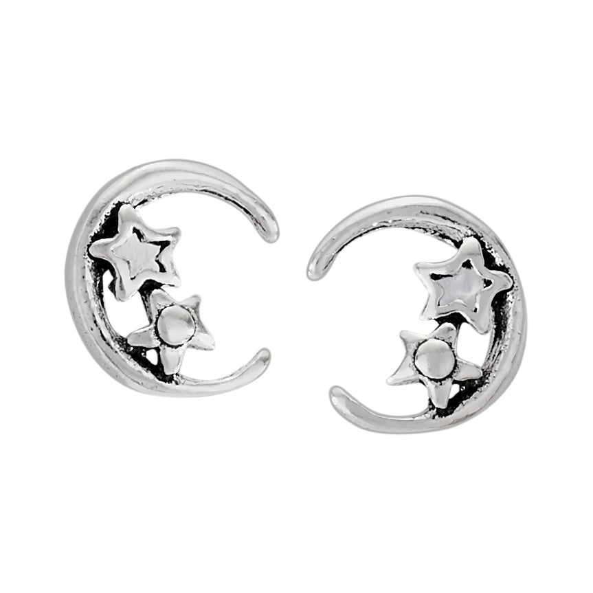 Sterling Silver Post Earrings ~ Moon & Stars
