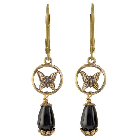 Antiqued Brass & Onyx Earrings ~ Butterflies