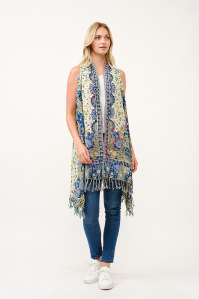 Embroirdered Long Vest ~ Lime & Blue