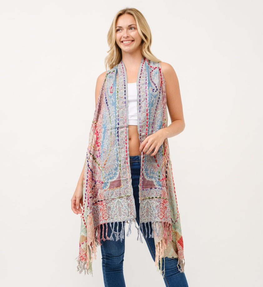 Lovely Long Embroidered Vest ~ Pastel Rainbow