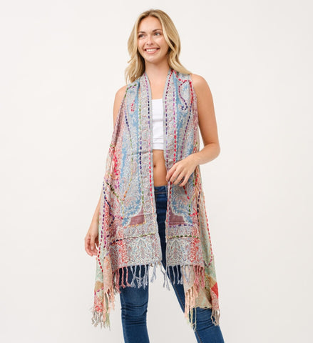 Lovely Long Embroidered Vest ~ Pastel Rainbow
