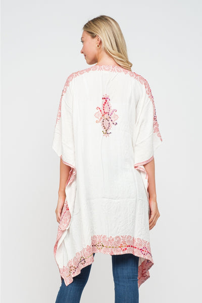 Embroidered Kimono Jacket ~ White & Coral