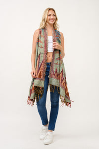 Embroidered Long Vest ~ Green & Mocha