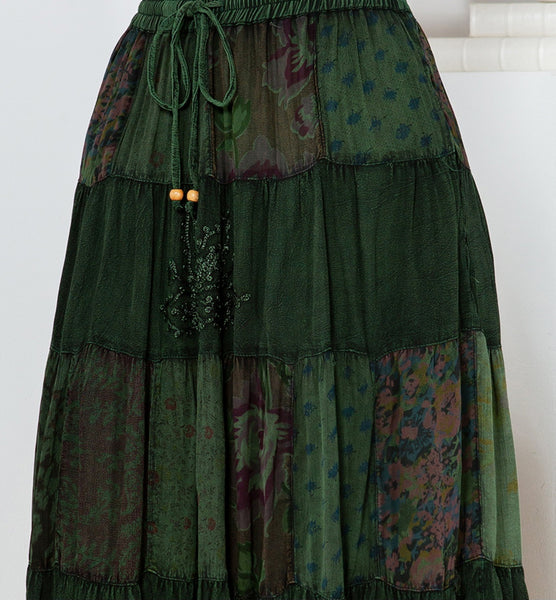 Patchwork Tiered Maxi Skirt ~ Green