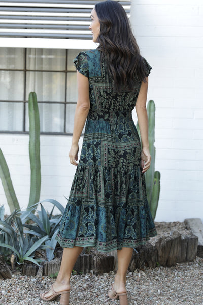 Tiered Dress with Flutter Sleeves ~ Green Print