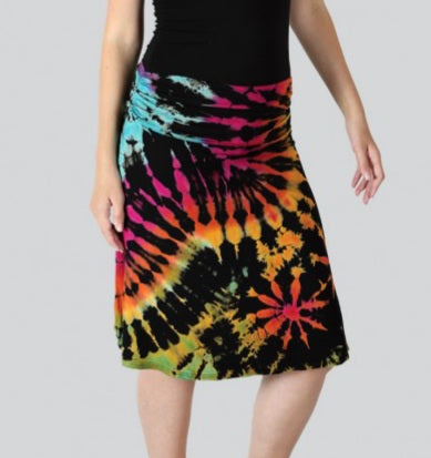 Knee Length Skirt ~ Black Rainbow Tie-Dye